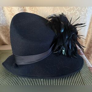 Vintage Black 100% Wool Tango Nites Church Hat Feather Embellishments